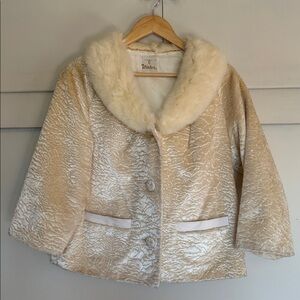 Vintage “Styled By Winter” Shimmering Ivory Crushed Velvet and Fur Jacket Large